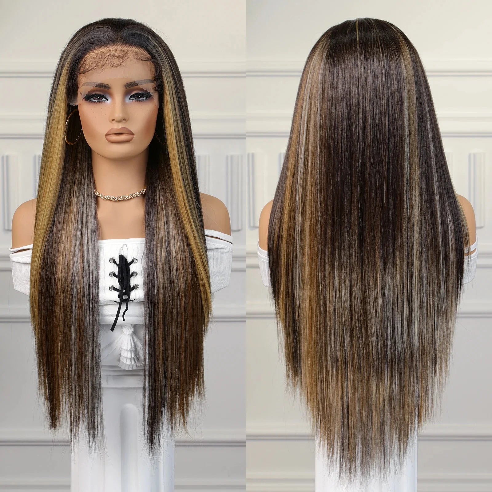 Japan Fiber 13x4 Lace Front Wigs Brown Highlight Golden Synthetic Long Straight Wig With Baby Hair for Women Cosplay180 Density