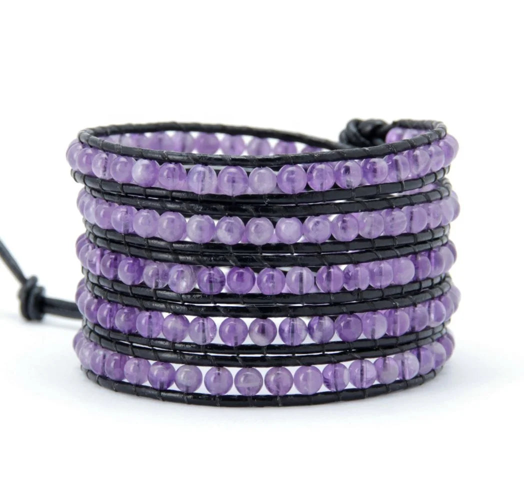 Wholesale Crystal and Rhinestone Beaded Bangle Mixed Indian Amethyst Bead Leather Wrap Bracelets Antique Bronze Plated Religious