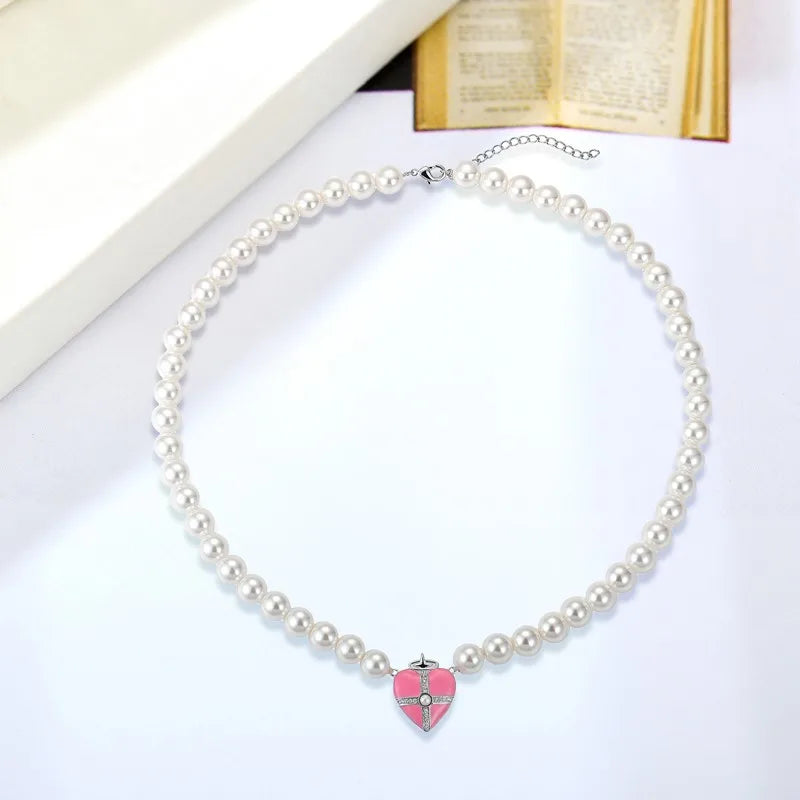New Arrivals Pink Enamel Heart Shaped Necklace Personalized White Shell Pearl Choker Necklaces for Girls Women Gift