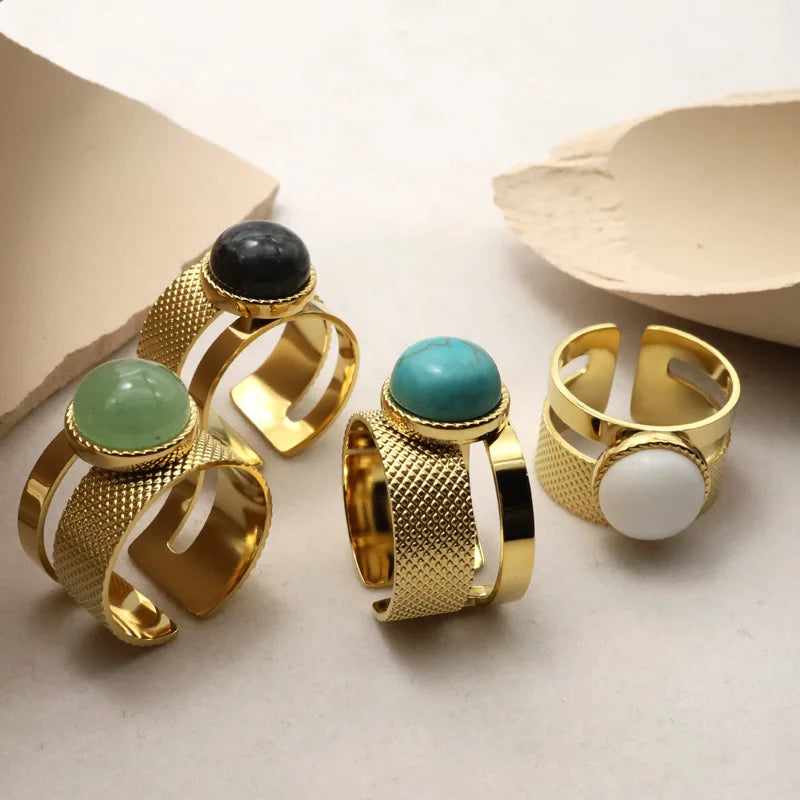 Ins 18K Gold Plated Stainless Steel  Natural Stone Hollow Open Rings for Women Adjustable Ring Gold Plated Rings