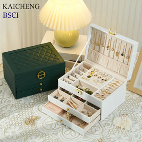 Chinese Manufacturers Personalized Logo Big Luxury Pu Leather Velvet Rectangle 3-Layer Jewelry Storage Box Organizer Key Lock