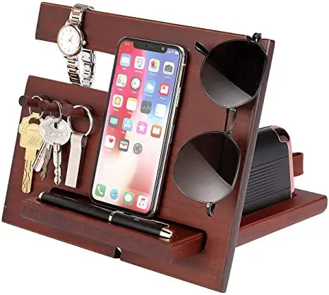JUNJI Folk Art Style Smart Phone and Wallet Holder Polished Pine Wood Tablet Board Organize Your Essentials Conveniently
