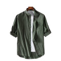 RNSHANGER Summer Men's Cotton Linen Stand Collar Shirts Casual Three Quarter Sleeve Solid Color Loose Shirts for Men