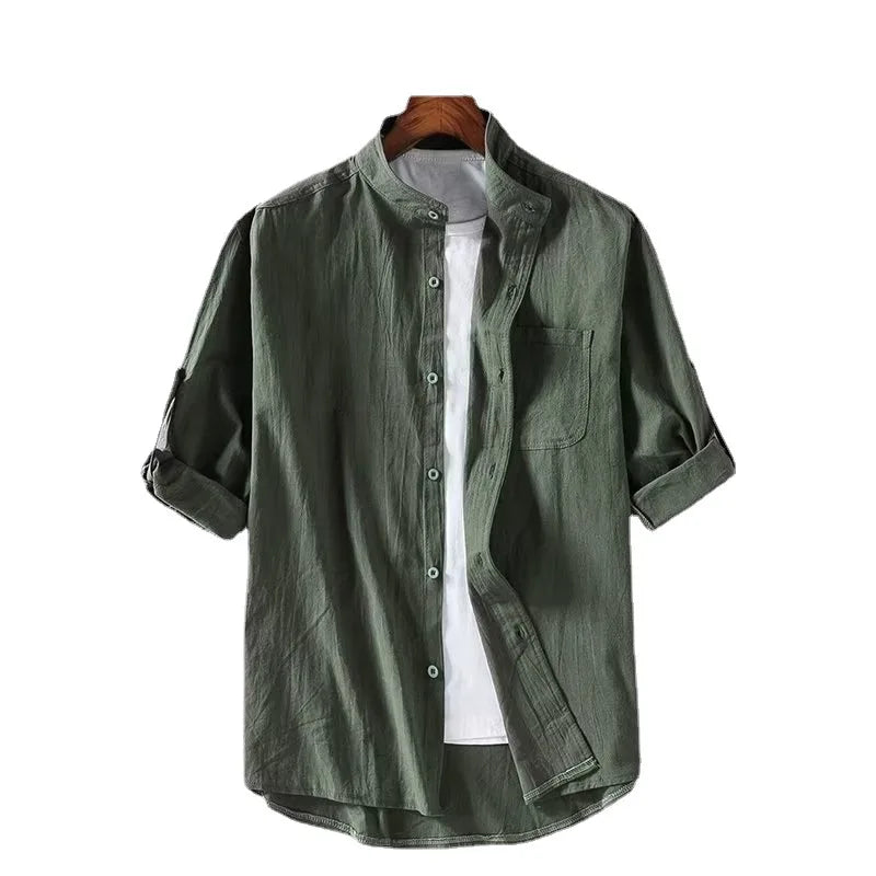 RNSHANGER Summer Men's Cotton Linen Stand Collar Shirts Casual Three Quarter Sleeve Solid Color Loose Shirts for Men