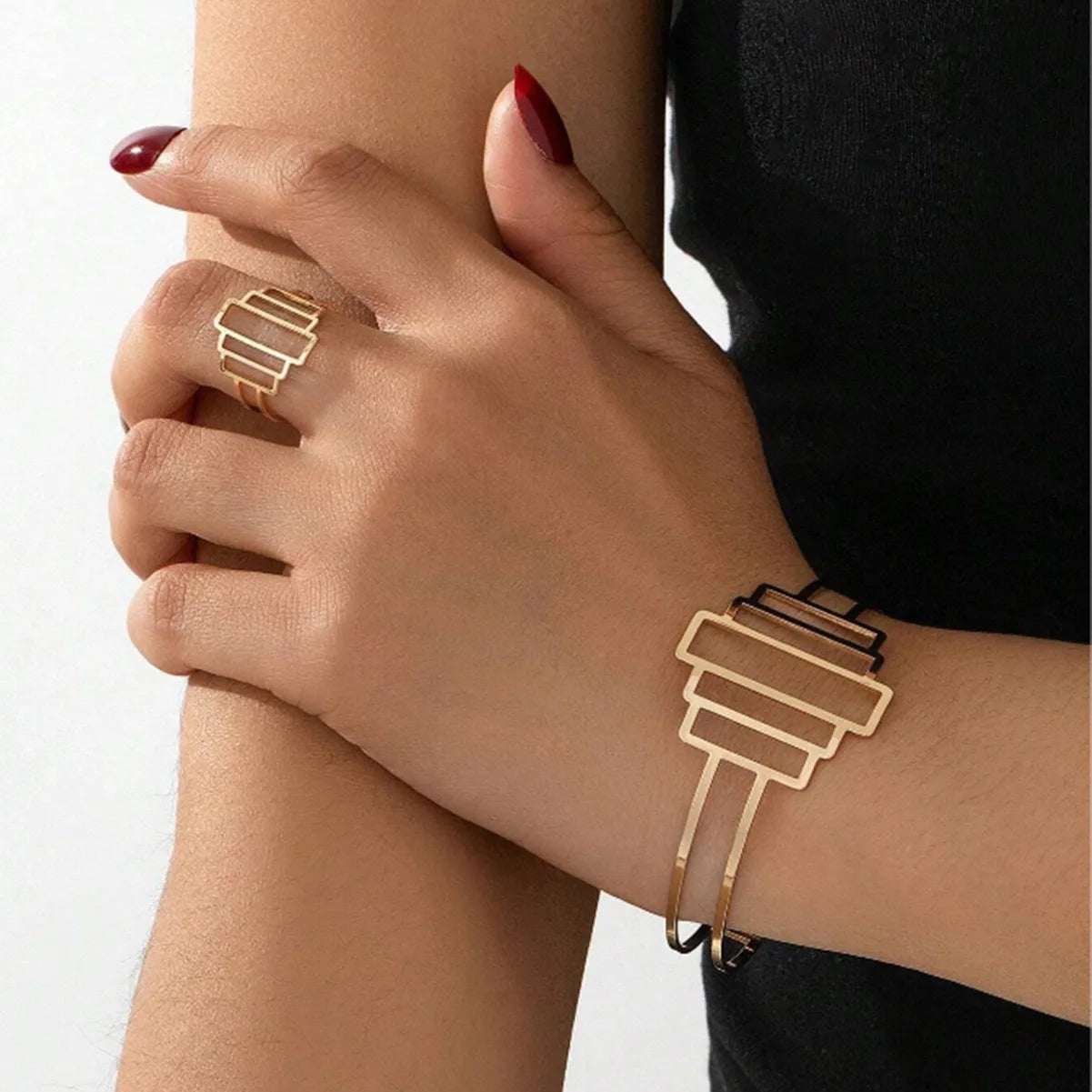 Jachon New Arrivals Geometric Shape Bracelet Ring Jewelry Set Gold Adjustable Opening Cuff Fashion Bangle  for Women