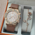 2024 Hot Sale Women Ladies Fashion Leather Strap Circular Diamond Quartz Wrist Bracelet Watches Gift Set
