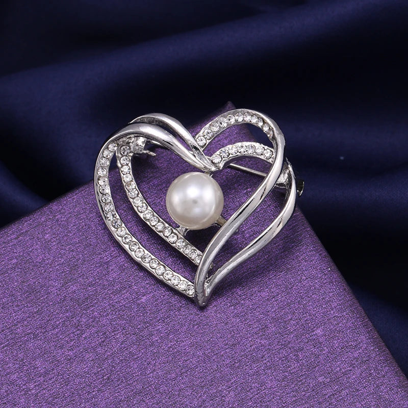 Weiman Jewelry Factory Price Imitation Pearl and Crystal Heart Brooch Pins in Gold or Silver Plated