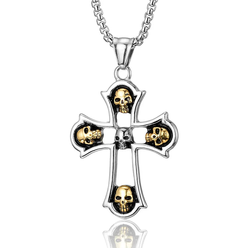 Hip Hop Stainless Steel Skull Cross Pendant Necklace for Men