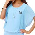 Factory Fashion Woman Summer Chiffon Blouse Batwing Short Sleeve Loose Fit Elastic Hem Solid Color Crew Neck Shirts