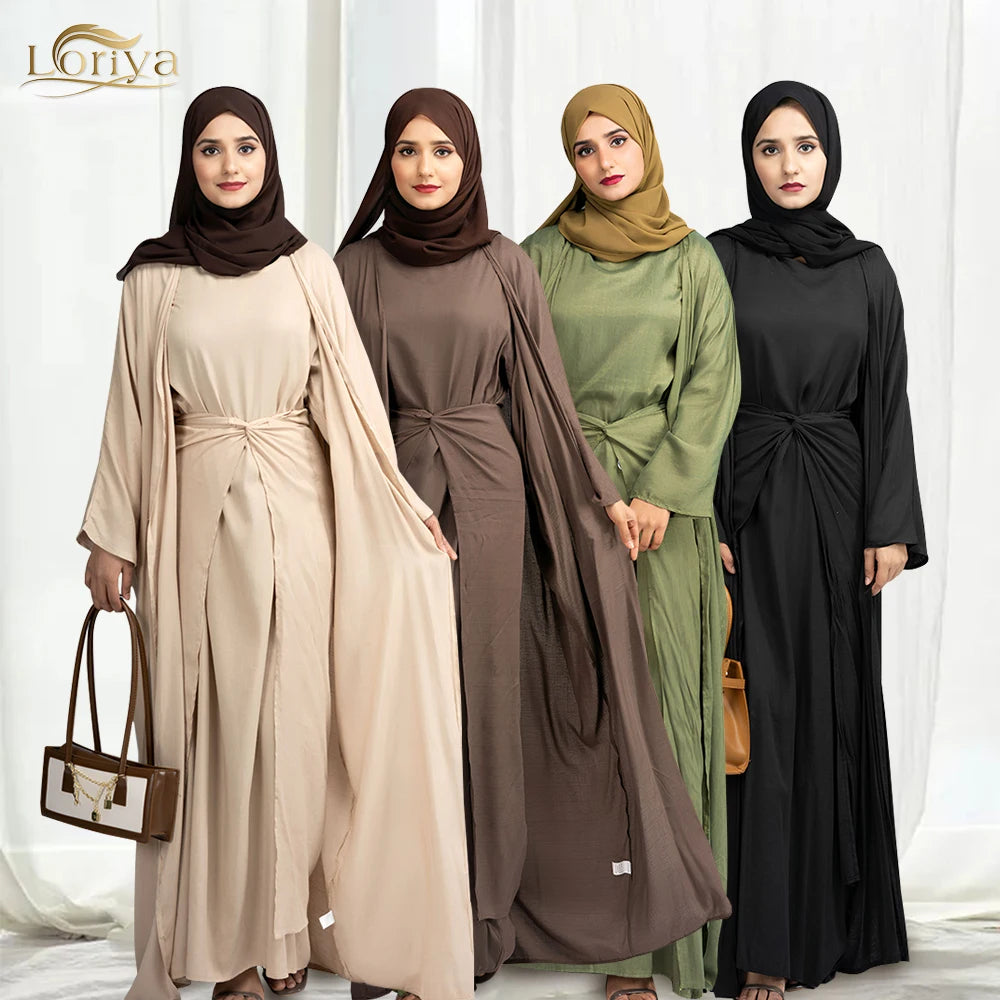 Custom Muslim Modest Kimono Fashion Plus Size Dubai Maxi Abaya 3pcs Set Turkish Dresses Islamic Clothing Wholesale