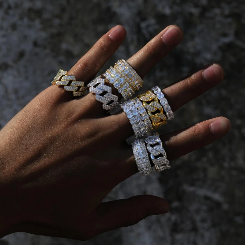 Fine Jewelry Iced Out Hip Hop Cuban Link Ring Gold Plated 925 Sterling Silver VVS Moissanite Diamond Finger Band Ring for Men