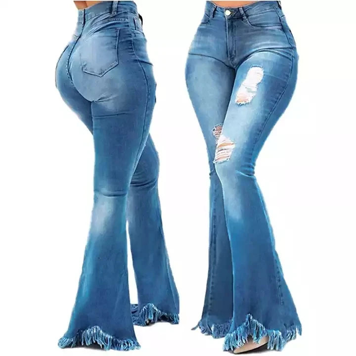 New Trendy Denim Stretch Slim Fit Flared Trousers Woman High Waist Skinny Torn Jeans