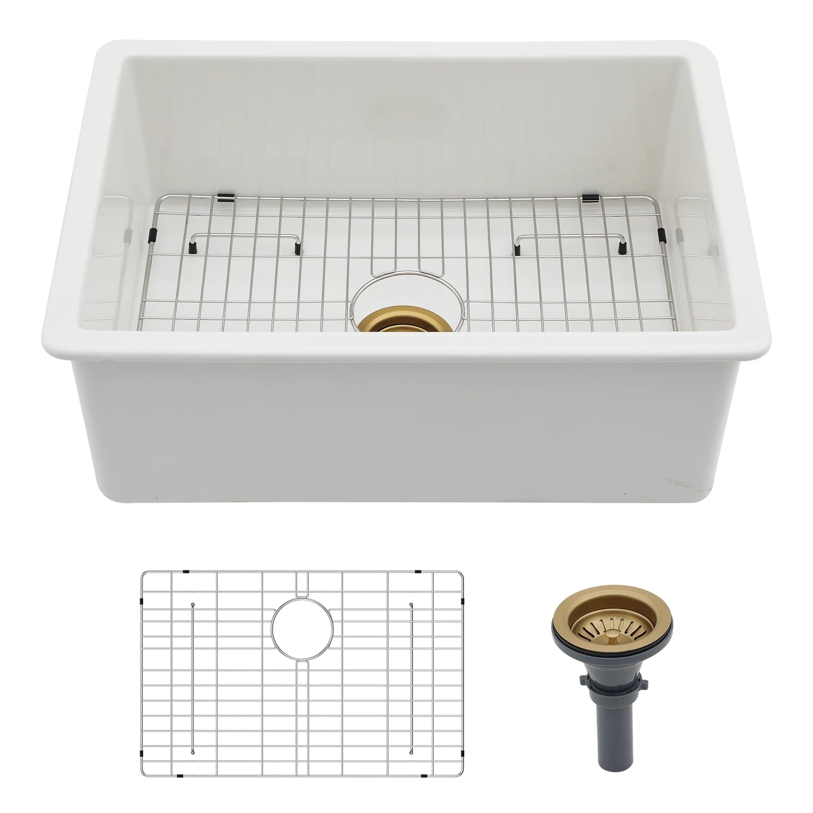 US Shipping 27inch Single  Farmhouse  Kitchen  Porcelain White with Gold Drainer Undermount  Ceramic Farmhouse Sink