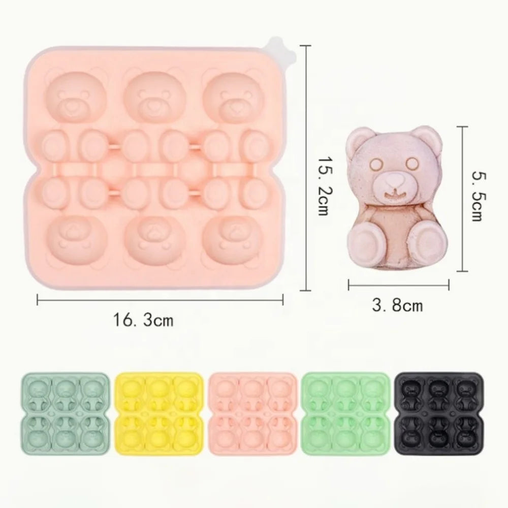 Wholesale Food Grade Silicone Easy Release 6 Cavities Cute Bear Ice Cube Mold Silicone 3D Fun Shape Ice Cube Tray With Lids