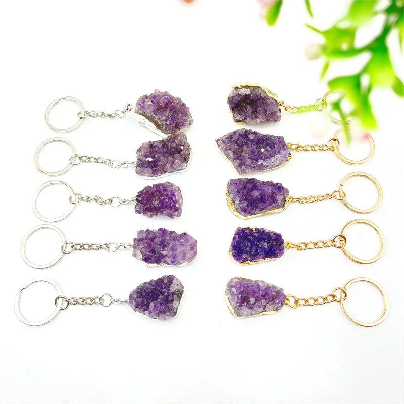 Semi-precious Stone Crafts Crystal Bag Pendant Raw Amethyst Clusters Crystal Keychain