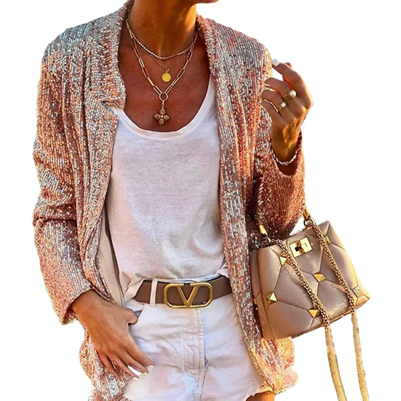 2026 New Women's Long Sleeved Sequined Anti-Wrinkle Viscose/Polyester Blazer Woven Solid Style Single Button Closure Jacket