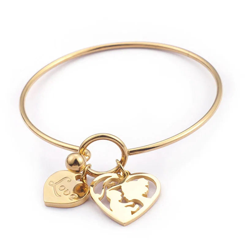 Women Inspiration Jewelry Silver Gold Plated Heart Mom Stainless Steel Charm Expandable Adjustable Wire Fine Bangle Bracelet
