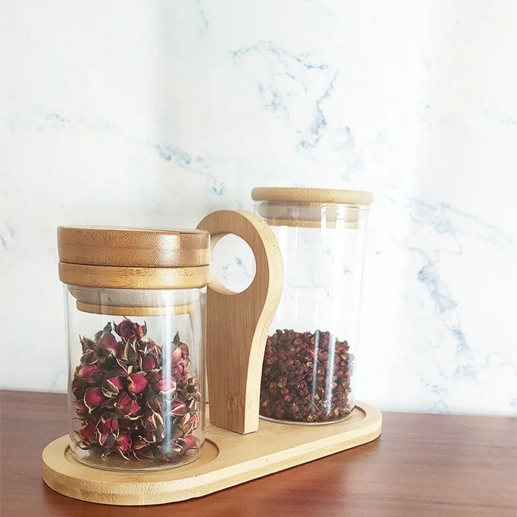 Kitchen Glass Jar Storage Bamboo Wooden Frame with Portable Handle 2 Pcs Set Back to School Eco-Friendly Waterproof Carton