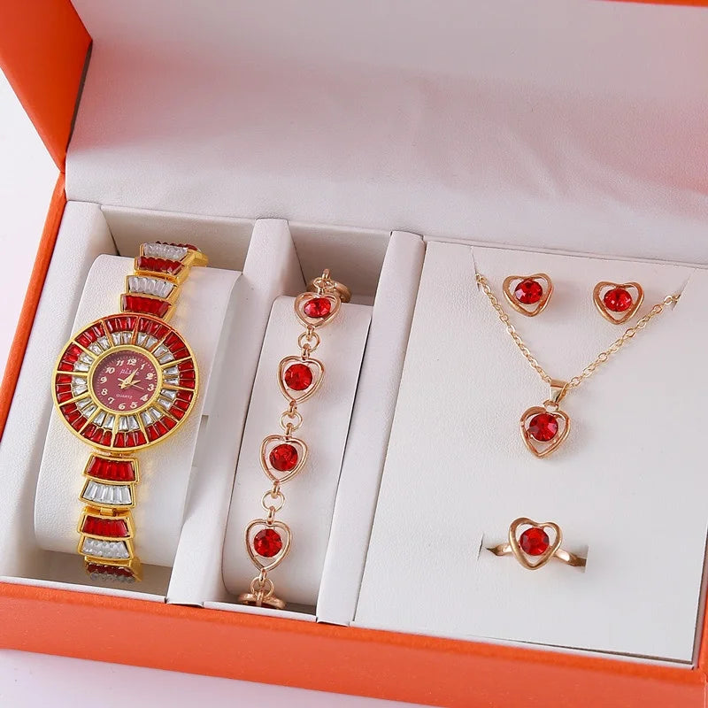 2025 Wholesale Ladies New Sapphire  Set Quartz Watch Bracelet Ring & Necklace Round Pattern Jewelry Display