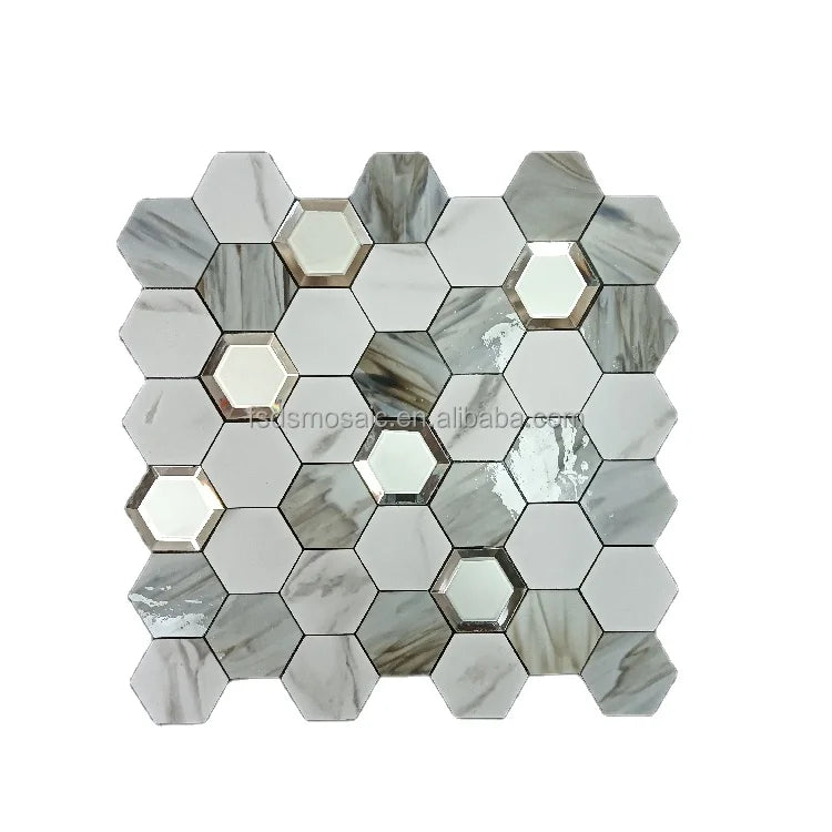 White Hexagon Peel and Stick Tile Mirror Glass Mosaic Sticker Waterproof 3d Self Adhesive Mosaic for Backsplash Wall