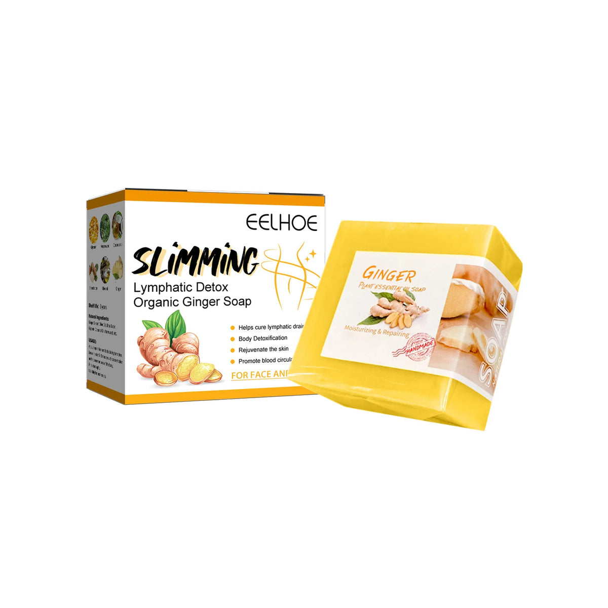 Eelhoe Turmeric Soap Solid Handmade Transparent Natural Herbal Organic Drainage Keep Slim Swelling Pain Relief All Skin Types