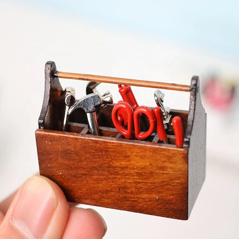 8pcs Mini Wooden Toolbox with Tools Dollhouse Accessories for 1:12 Scale Dollhouse Perfect Holiday Gift