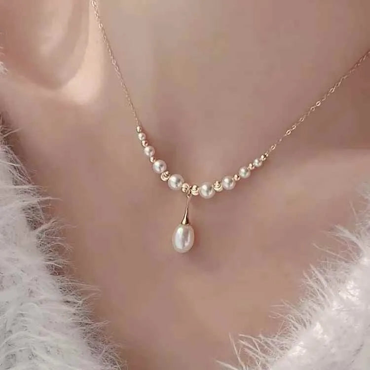 Popular Smile Water Droplet Necklace with 3-7mm Potato Pearl and 9-10mm Natural Freshwater Rice Pearl Ladies' Necklaces