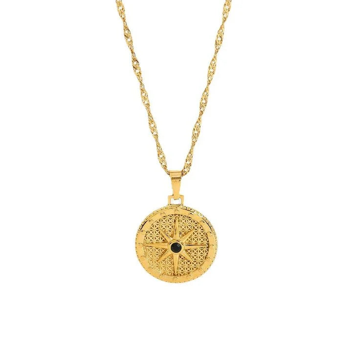 Trendy 18K Gold Plated Stainless Steel Necklace Octagon Star Geometric Signet Black Diamond for Anniversaries Chic Chains Style