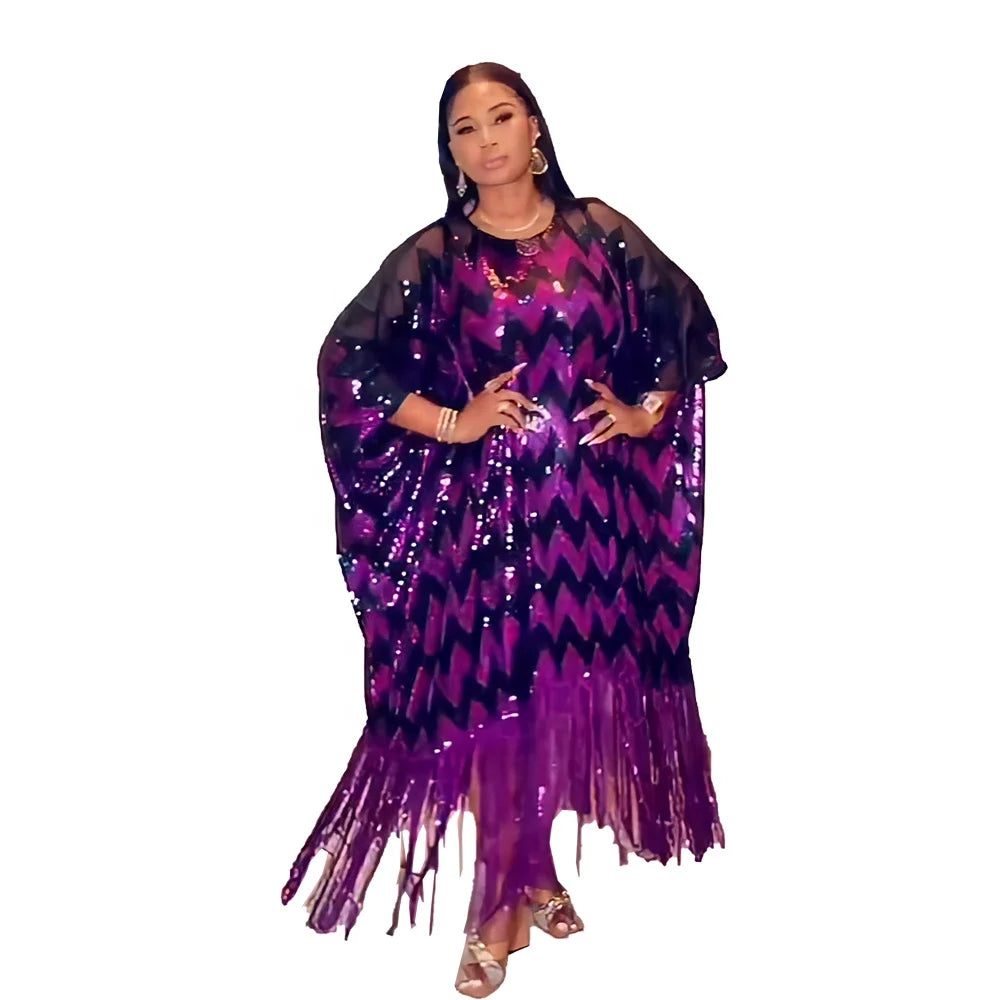 In Stock African Kitenge Top Designs Tassel Sequin Ethiopian Dress Traditional Women Sequin Dress African Outfit