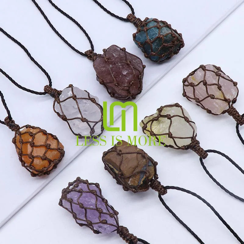 Hot Selling Natural Raw Irregular Shape Gemstone Quartz Pendant Necklaces Wrapped Cord Healing Crystal Stones Diy Jewelry