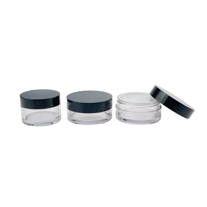 3ml 5ml 10ml 15ml 30ml 50ml 60ml 100ml 200ml 250ml PS PET Container Cosmetic Cream Plastic Jars with Black Cap