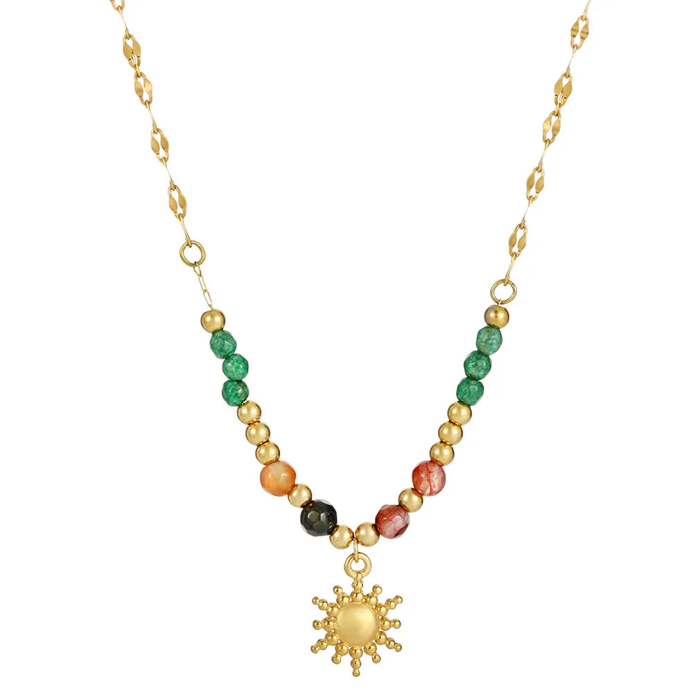 New Fashion Hot Sell Bohemian Style Beaded Sun Shaped Titanium Steel Pendant Neck Chain Niche Versatile Necklace Jewelry