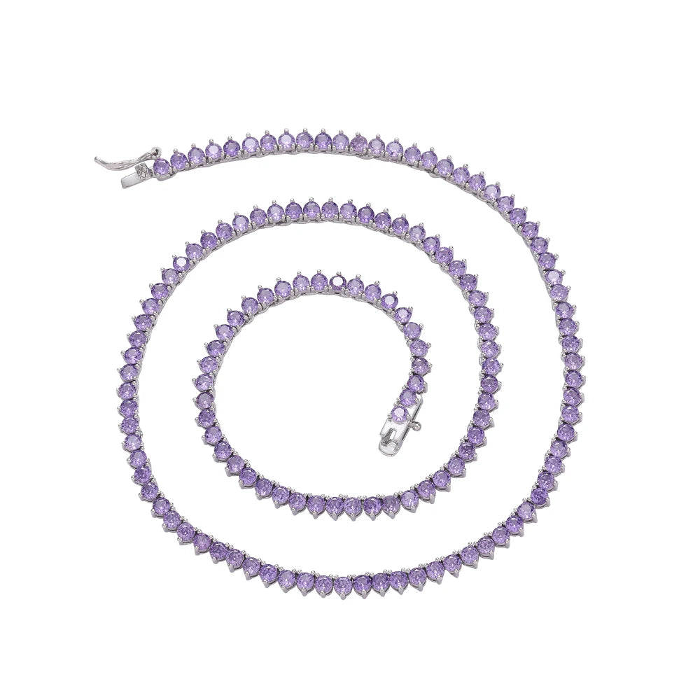 BC105 3mm 16" 18" Brass Setting CZ 3 Prong Tennis Chain Necklace Silver Color Purple Zircon Women Necklace