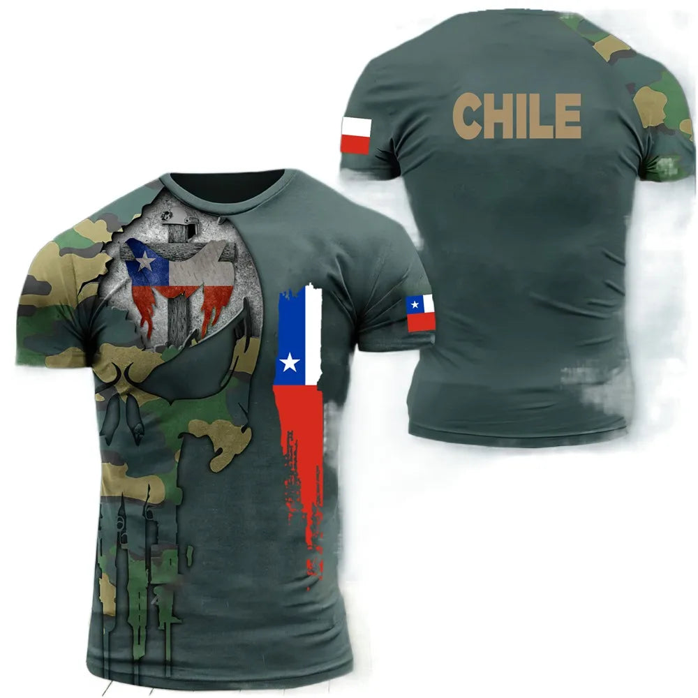 Fitspi Vintage Chile T-shirt 3d Print Chilean Flag Shirt O Neck Men's Veterans Short Oversized Streetwear Loose Camo Tops