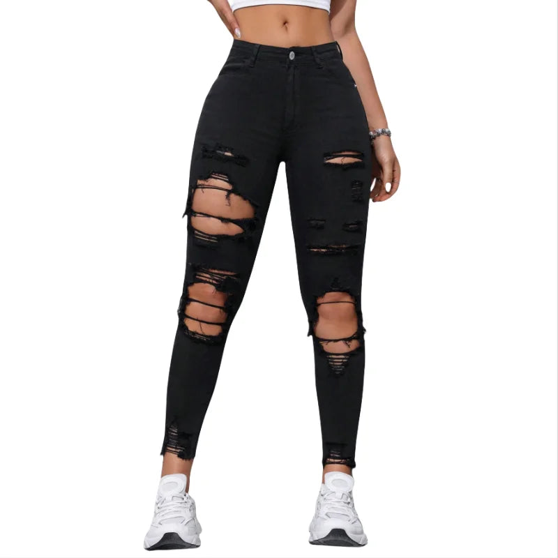 Dark Black High Waist Women's Skinny Jeans Casual Ripped Denim Pant Woven Pencil Trousers