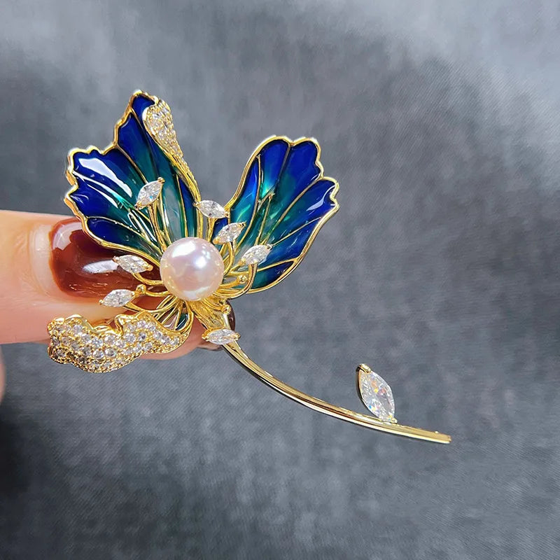 National Style High-end Enamel Orchid Copper Gold-plated Micro Inlaid Zircon Pearl Chest Flower 7-8mm White Bread Brooch