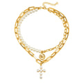 Baroque 18K Plated Multi-layer Jewelry Pendant Bead Necklace Thick Chain Layered Gold Queen Coin Pearl Cross Pendant Necklace