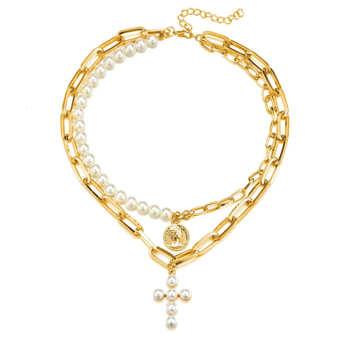 Baroque 18K Plated Multi-layer Jewelry Pendant Bead Necklace Thick Chain Layered Gold Queen Coin Pearl Cross Pendant Necklace
