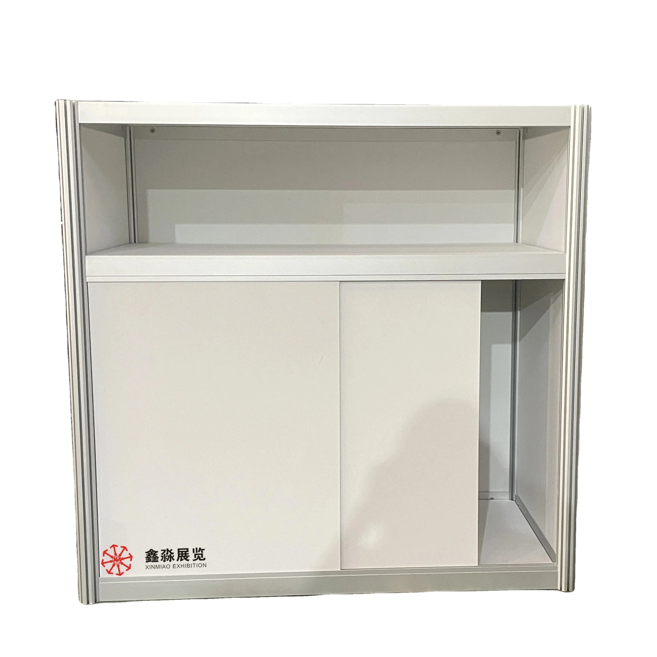2 Layer Information Desk for Exhibition Booth Octagonal Custom Aluminum Lockable Cabinet Desk for Tradeshow and Event
