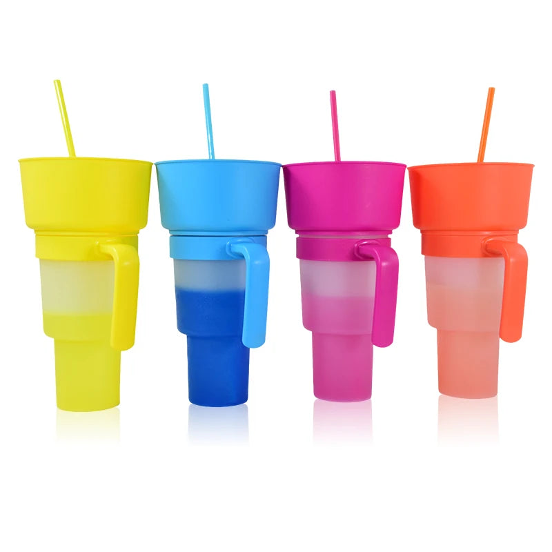 Wholesale Reusable  900ML Cold Color Changing Water Tumbler Plastic Stadium Tumbler with Handle Straw and Snack Lid