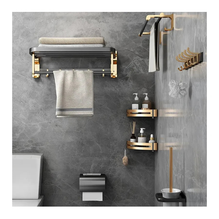 Aluminum Folding Storage Rack Hardware Accessories Set Black and Gold Towel Rack Shelf Bathroom Shelf Stainless Steel