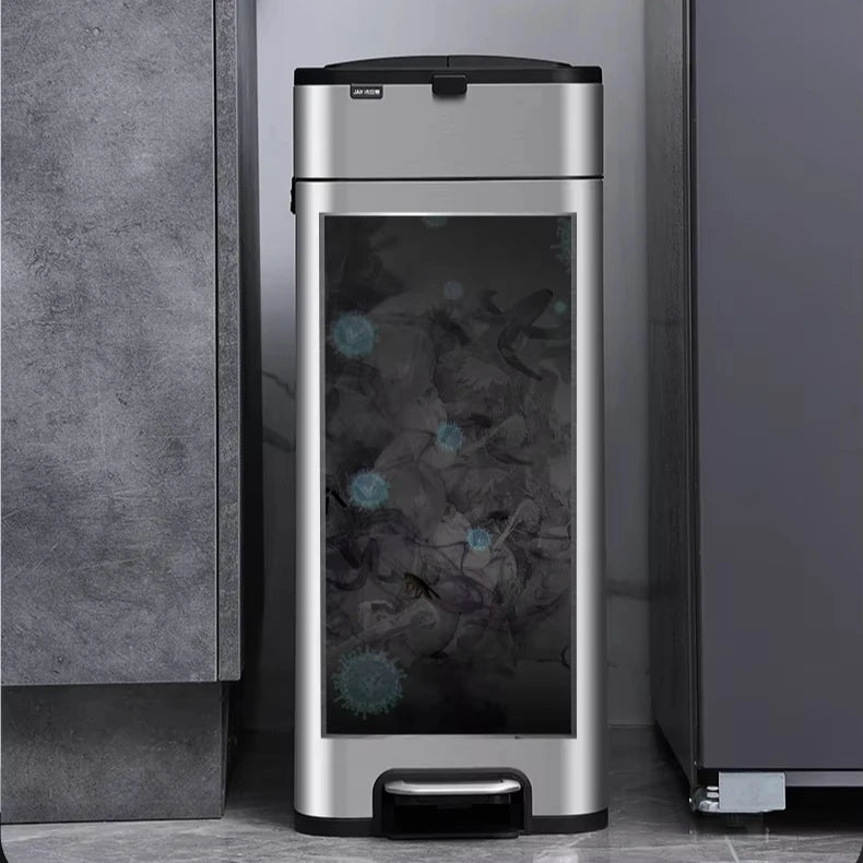 Iintelli 9L Touchless Stainless Steel Double Open Pedal Trash Can Dust Bin for Kitchen Bathroom Home Recycling and Storage