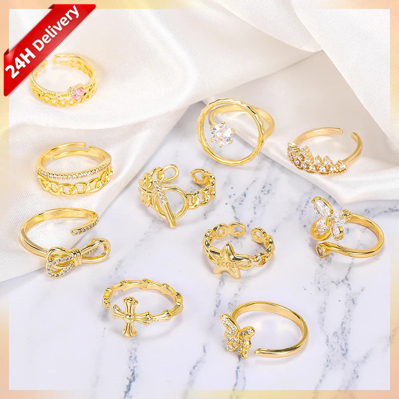 HOVANCI Gold Plated Adjustable Rings Zircon butterfly Star Cross Classical Simple Diamond Rings 11 Gold Filled Circle Ring