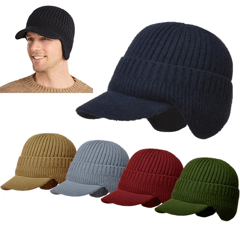 2022 Popular Custom Acrylic Fluffy Winter Beanie Hat Comfortable Earmuffs Curved Brim Warm Winter Knit Baseball Cap for Men