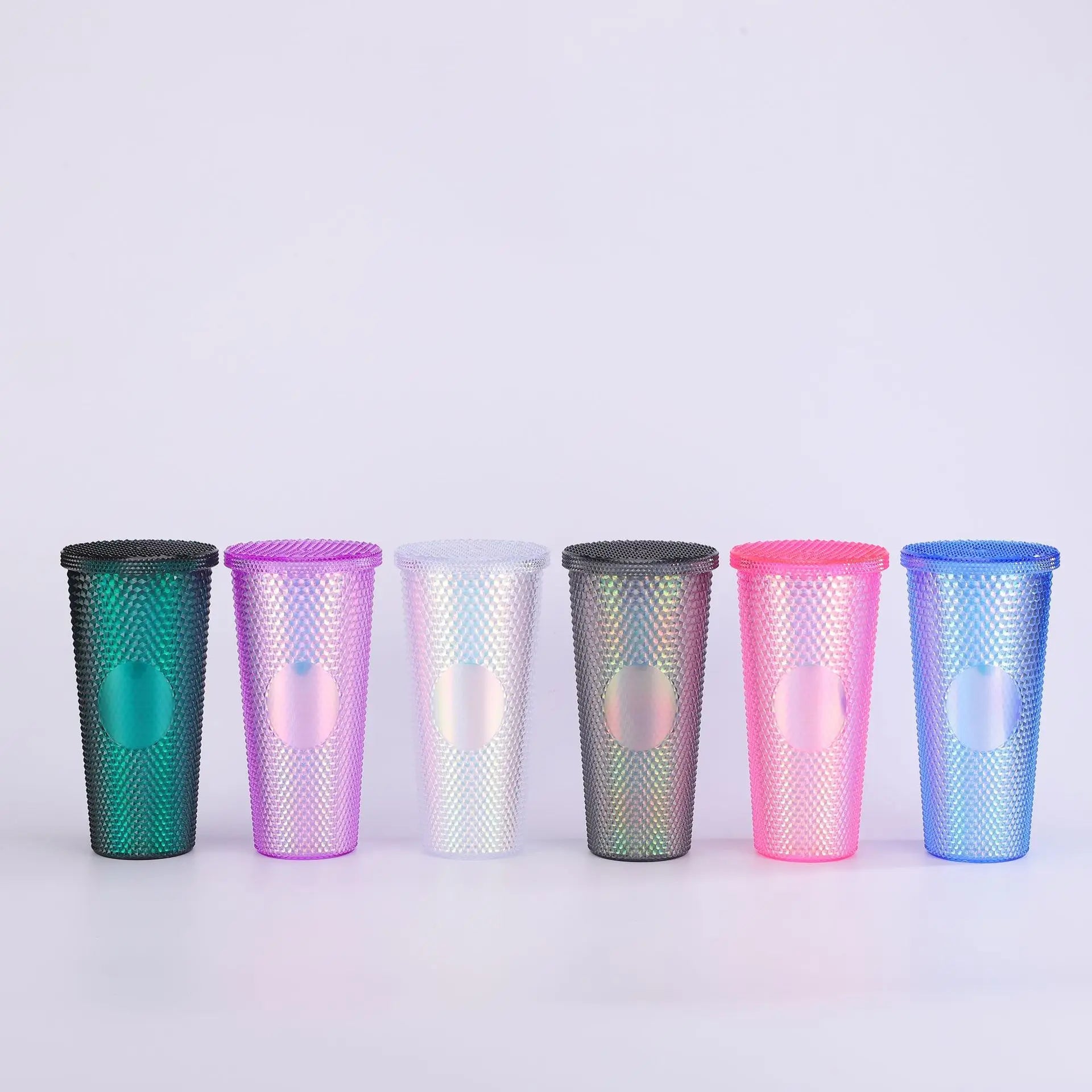 In Stock 24oz Colorful Diamond Glitter Durian Coffee Cups Double Wall Plastic Tumblers with Color for Coffee