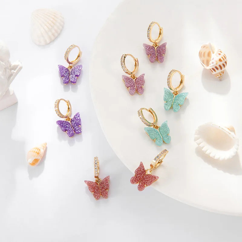 HOVANCI 4 European Luxury Crystal Rhinestone Ear Clip Color Acrylic Butterfly Earrings Glitter Resin Butterfly Dangle Earrings