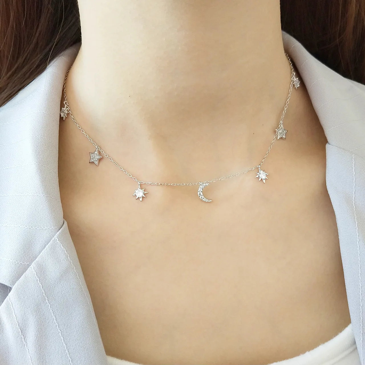 Custom Chain Dainty Tiny 925 Sterling Silver Statement Necklace Pendant Zircon Star Moon Necklaces