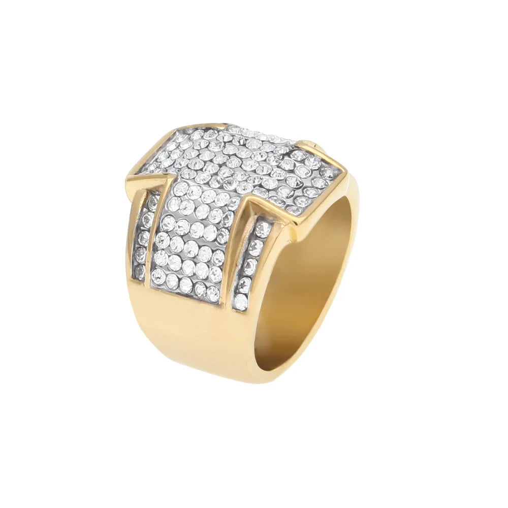 Hip Hop Style Full Diamond Design Stainless Steel Cross Ring With Rhinestone Fashion Personalized Ring Jewelry