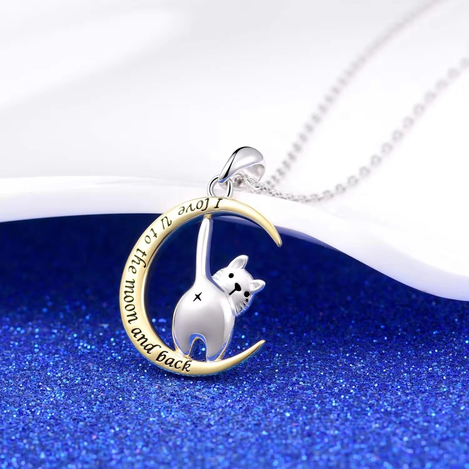Fashion Jewelry 925 Sterling Silver Engraved Gold Plated Moon Cute Cat Pendant Necklace