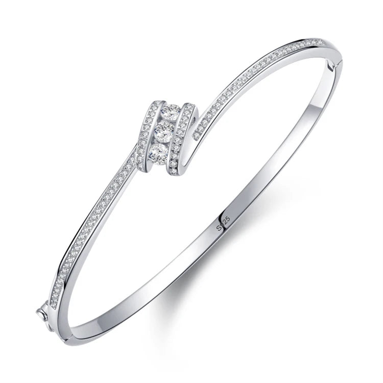 Luxury Twist Diamond 925 Sterling Silver Simple Industrial Women Bangle